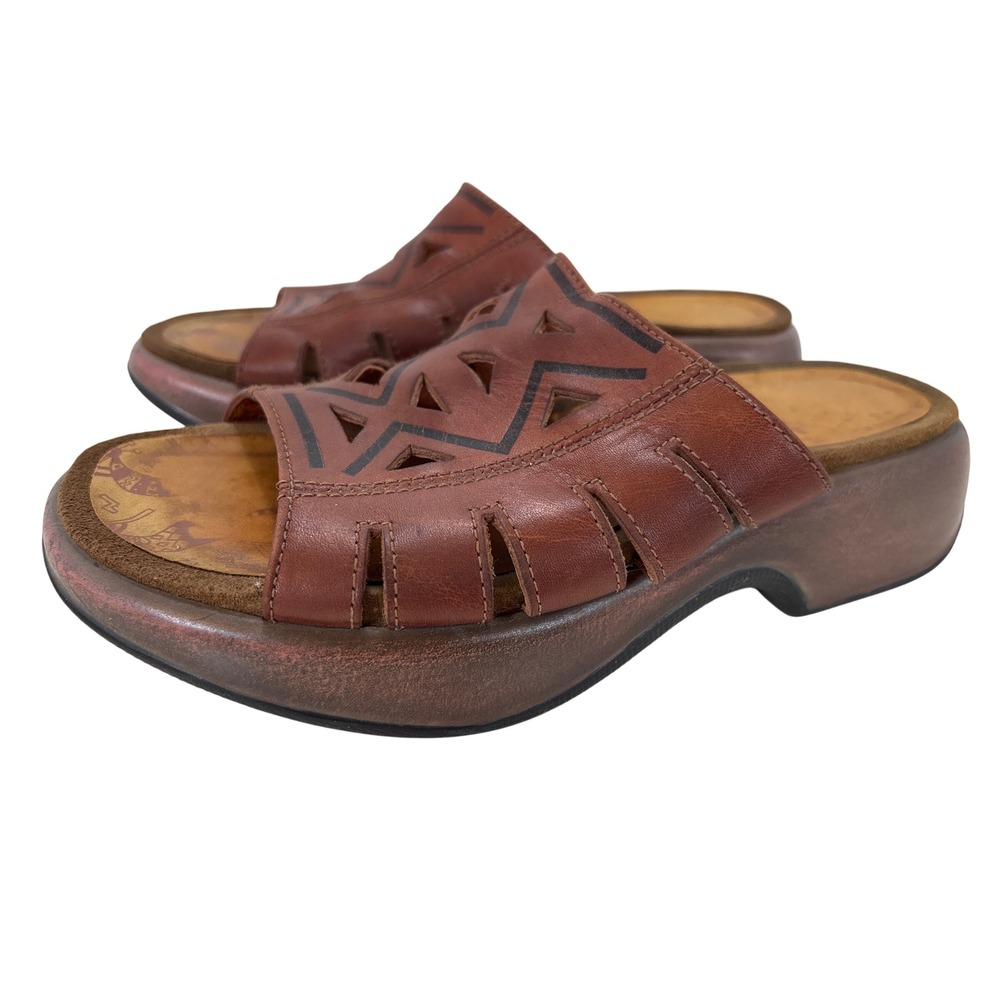 Vintage Dansko Brown Leather Wedge Sandals Geometric Cutout Platform Slides 36
